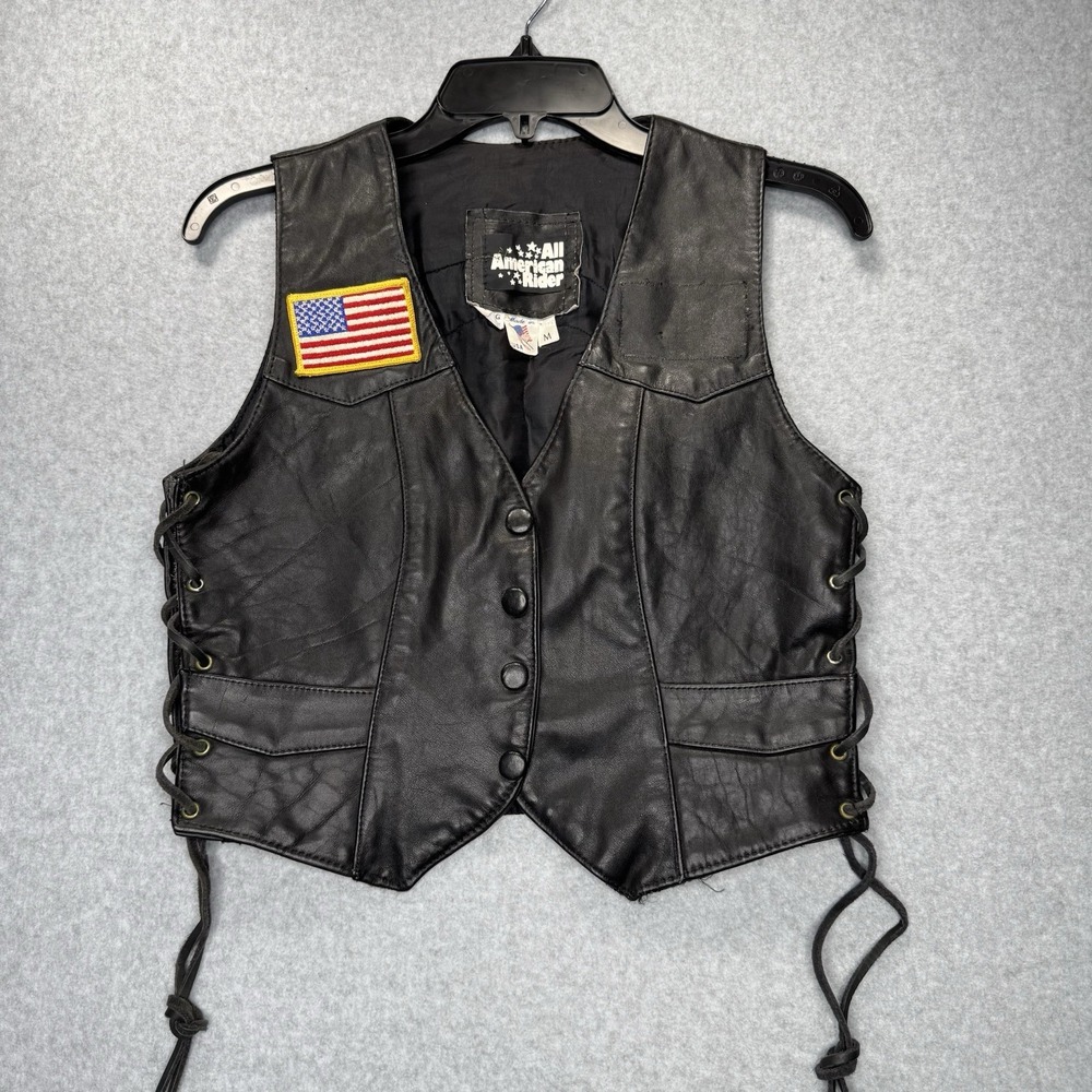 All American Rider‎ Leather Motorcycle Vest Womens M Black Made in USA Tie Side
